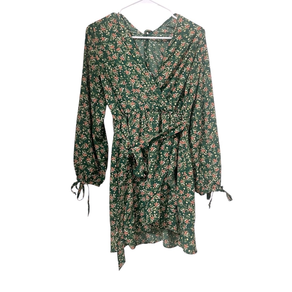 💙Purple Snow Floral Green Wrap Dress